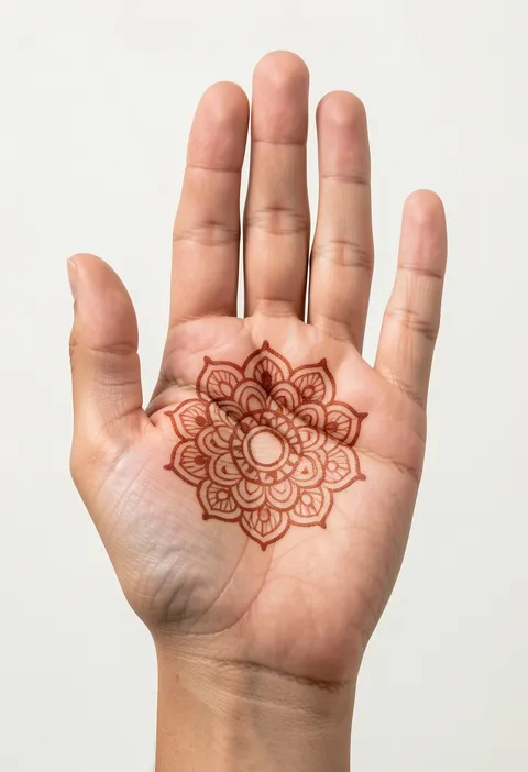Minimal front-hand mehndi design with a single outlined lotus mandala in the centre of the palm