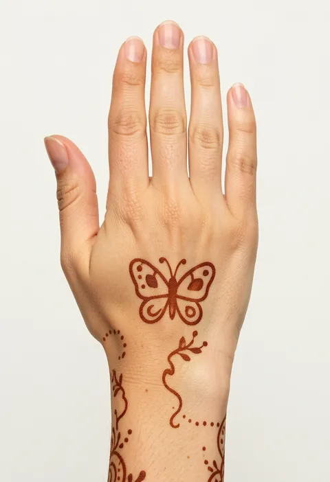 Kids back-hand mehndi design with an outlined butterfly and playful leafy vine and dot trails on the wrist