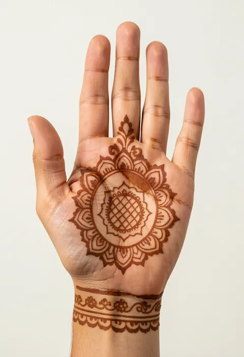 Bridal front-hand mehndi with a large palm mandala, lattice centre, scalloped petals and a floral wrist cuff