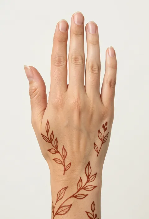 Minimal back-hand mehndi with small fine-line leaf sprigs scattered across the hand and wrist