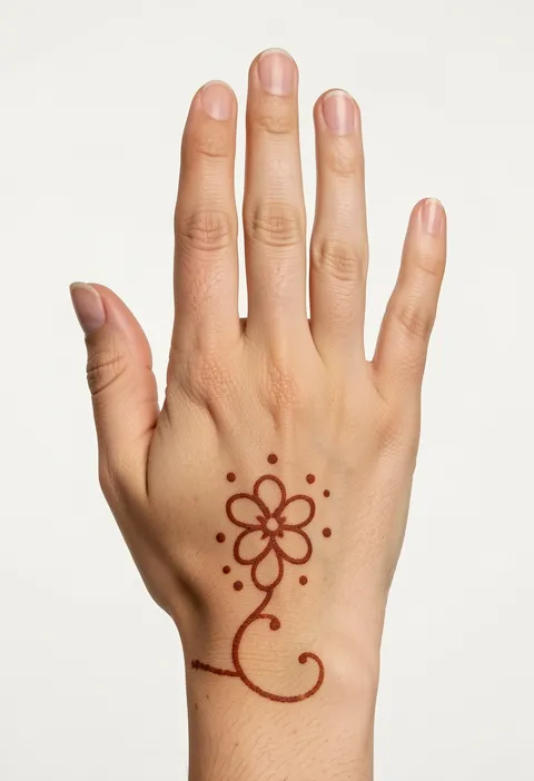 Kids back hand mehndi design with one outlined five-petal flower, tiny dots and a curling stem