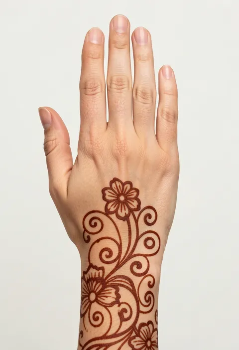 Arabic back hand mehndi design with fine-line swirls and outlined flowers running from wrist to hand