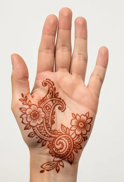 Front hand mehndi design for girls with an outlined paisley, layered flowers and leaves on the palm