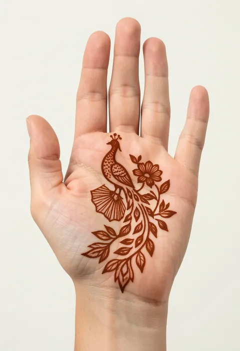 Front hand Arabic mehndi design with a peacock, a blooming flower and a leafy vine trailing across the palm