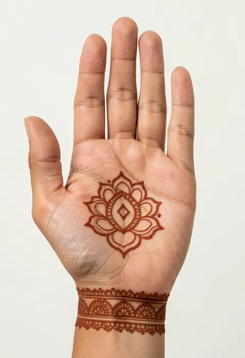 Front hand mehndi design for girls with a lotus medallion in the palm and a lace bracelet at the wrist