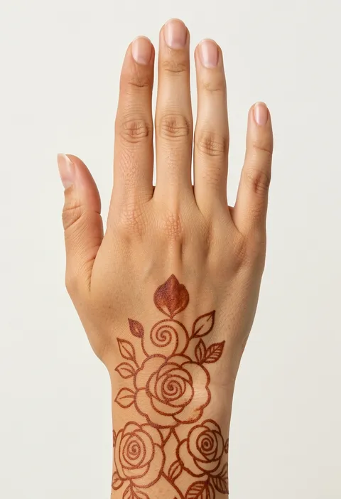 Back-hand mehndi for girls with outlined spiral roses, small leaves and a petal bud from wrist to mid-hand