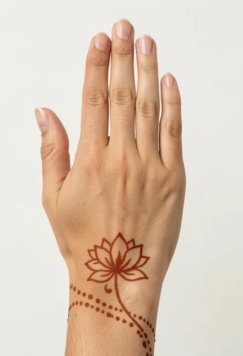 Minimal back hand mehndi design with a small outlined lotus and dotted lines curving around the wrist