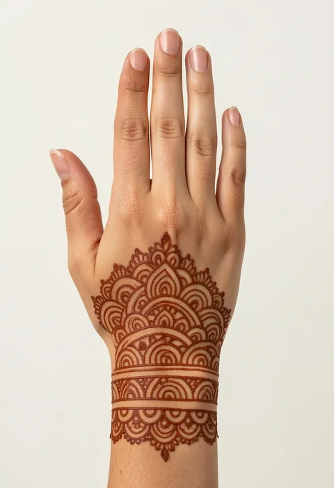 Bridal back hand mehndi design with layered fan arcs and a scalloped lace cuff from the wrist to mid hand