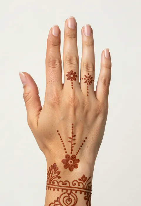 Minimal back-hand mehndi with a small flower and dotted rays above a floral wrist band and tiny finger flowers
