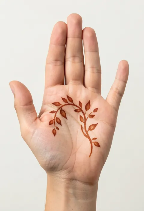 Minimal front hand mehndi design with a single curving leaf vine across the palm