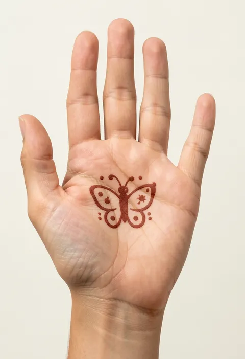 Kids front hand mehndi design with a cute butterfly and tiny dots in the centre of the palm
