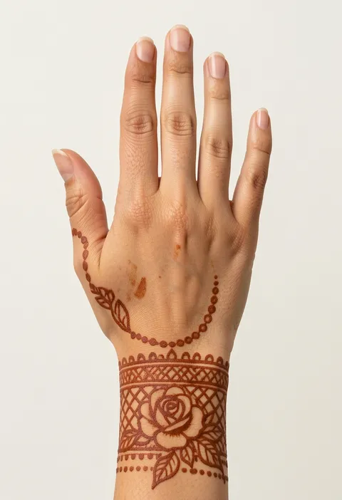 Back-hand mehndi for girls with a lattice rose wrist cuff and a dotted arc with leaves around the hand