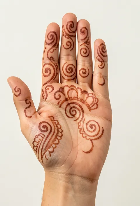 Front-hand mehndi for girls with spiral swirls on every finger and a scalloped fan arc across the palm