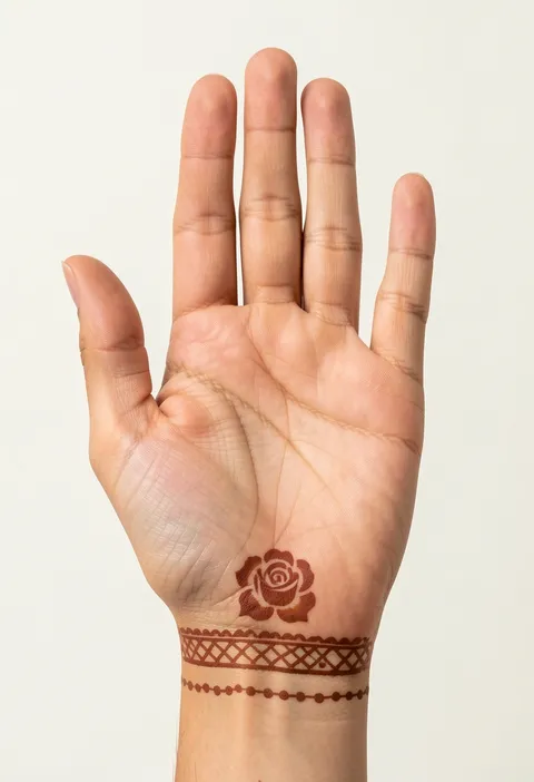 Minimal palm mehndi with a small rose at the base of the palm, a lattice wrist band and a dotted chain
