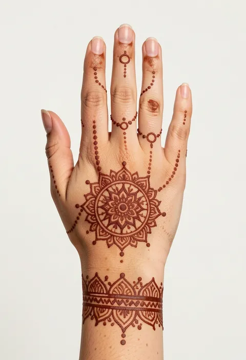 Back hand mehndi design for girls with a round mandala medallion, dotted chains and delicate finger rings