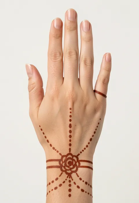 Minimal back-hand mehndi design with a wrist rose, dotted rays and a thin pinky ring band