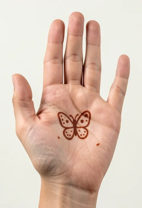 Kids front-hand mehndi design with a single dotted butterfly outline in the centre of the palm
