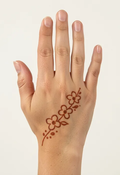Simple kids back-hand mehndi design with three outlined flowers on a diagonal vine and dots