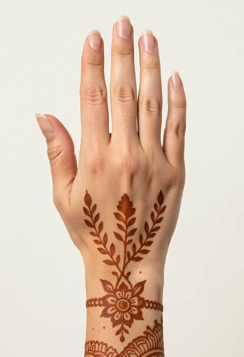 Minimal back-hand mehndi design with three slender leaf sprigs rising from a wrist flower and beaded band