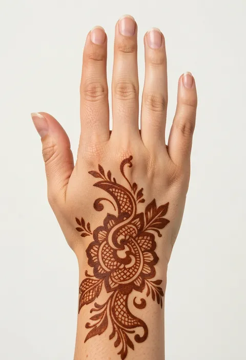 Arabic back-hand mehndi design with a lace-filled paisley swirl and leafy sprays from wrist to hand