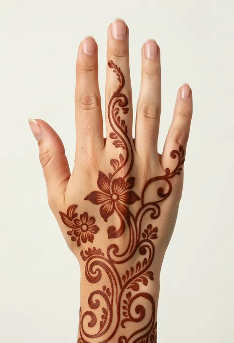 Arabic back-hand mehndi design with flowing paisley swirls, two open flowers and a vine up the middle finger