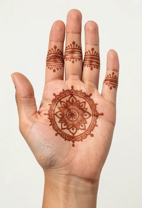 Front-hand mehndi design for girls with a round floral mandala in the palm and dotted ring bands on four fingers