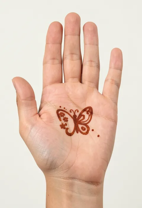 Simple kids mehndi design with a small butterfly, tiny flowers and dots in the centre of the palm