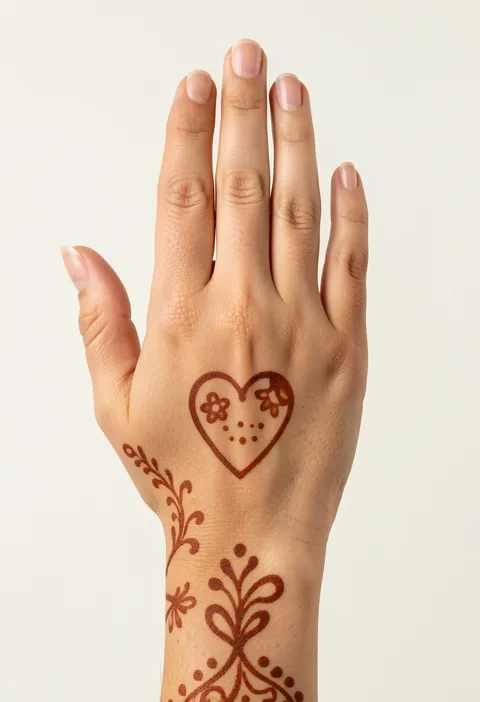 Cute back-hand mehndi design for kids with a heart, tiny flowers and dotted wrist vines