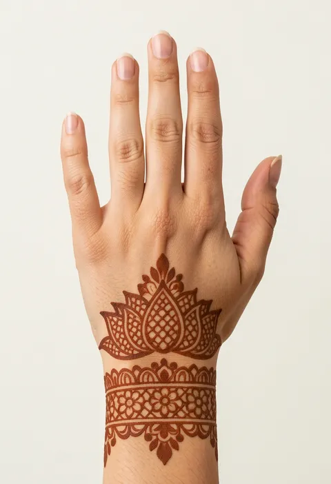 Bridal back-hand mehndi design with a latticed lotus above a wide floral wrist cuff