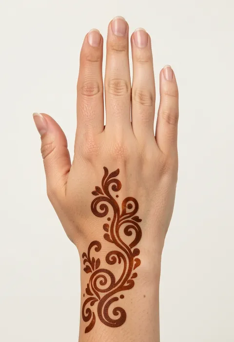Arabic back-hand mehndi design with a bold spiral and paisley trail rising from the wrist