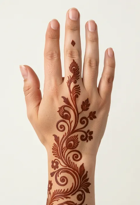 Arabic back-hand mehndi design with a peacock-feather vine trailing from the wrist up the middle finger
