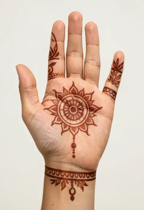 Front-hand mehndi design for girls with a round sun mandala in the palm, beaded drop and wrist band