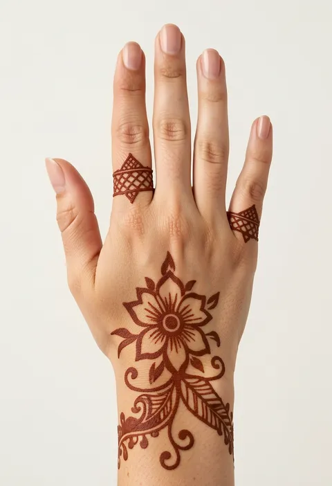 Back-hand mehndi design for girls with a bold wrist flower, curling leaves and lattice finger rings