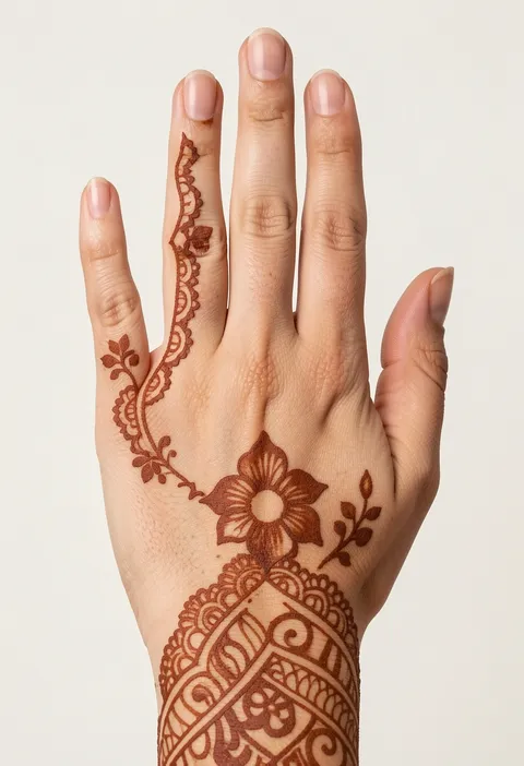 Back-hand mehndi design for girls with a lace finger trail, a central flower and a patterned wrist cuff