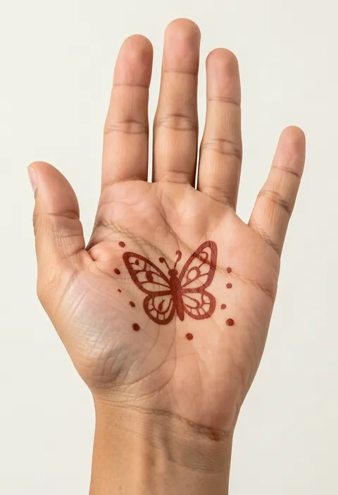 Front-hand mehndi design for kids with a single butterfly in the palm and tiny henna dots around it