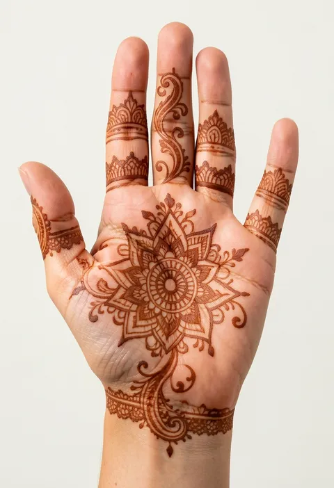 Bridal front-hand mehndi design with a large palm mandala, lace wrist cuff and banded fingers