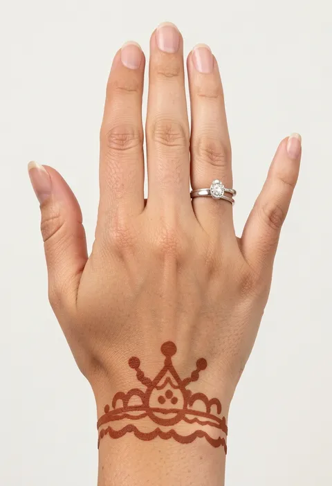Back-hand mehndi design for kids with a scalloped crown-style wrist cuff and a dotted centre motif