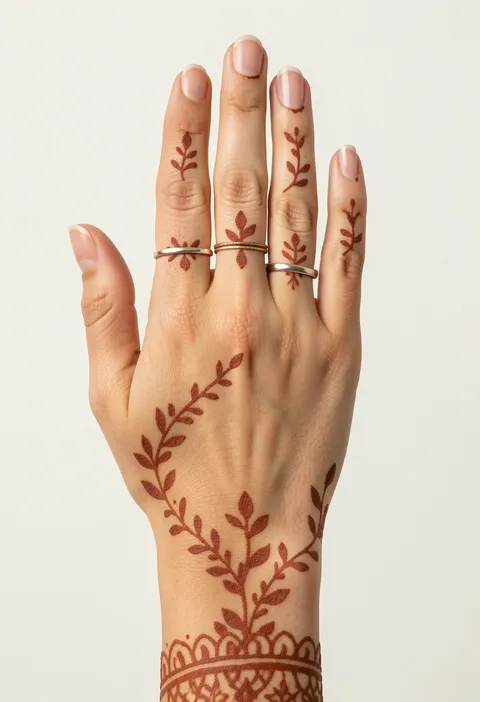 Minimal back-hand mehndi design with leaf sprigs on the fingers, a diagonal vine and a lace wrist cuff
