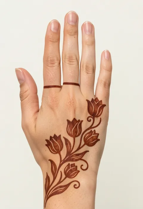 Arabic back-hand mehndi design with a diagonal trail of tulips and curling leaves from the wrist, plus thin finger rings
