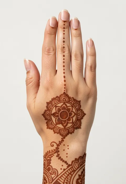 Back-hand mehndi design for girls with a round mandala, a dotted line up the middle finger and a paisley wrist band