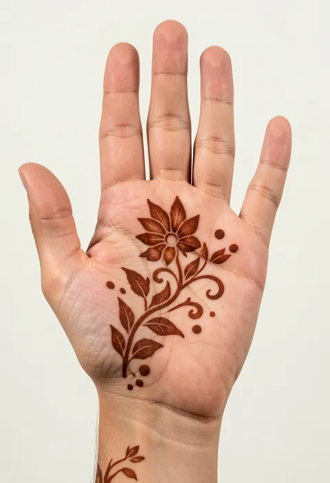 Arabic front-hand mehndi design with a flowing diagonal flower vine across the palm