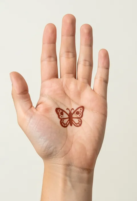 Simple kids front-hand mehndi design with a small butterfly in the centre of the palm
