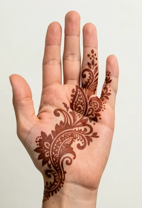 Arabic front-hand mehndi design with a diagonal paisley and swirl trail across the palm