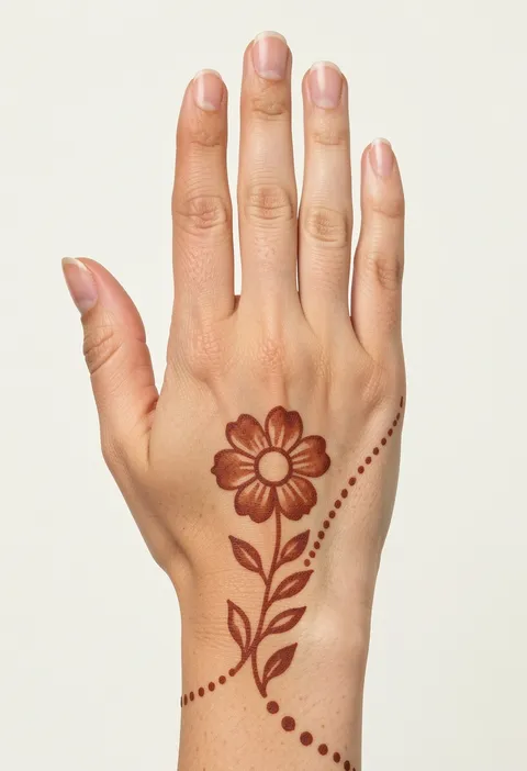 Minimal back-hand mehndi design with a single open flower, leafy stem and dotted wrist chain